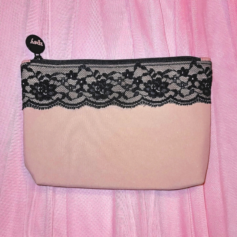 NEW Ipsy makeup bag; blush pink; wide black lace trim; black acetate lining
